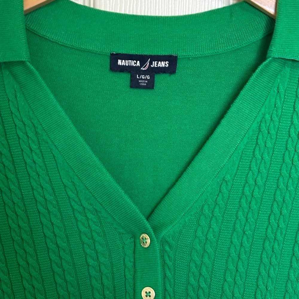Nautica Green Cable Knit Cardigan spring top collared shirt work wear - Picture 2 of 4